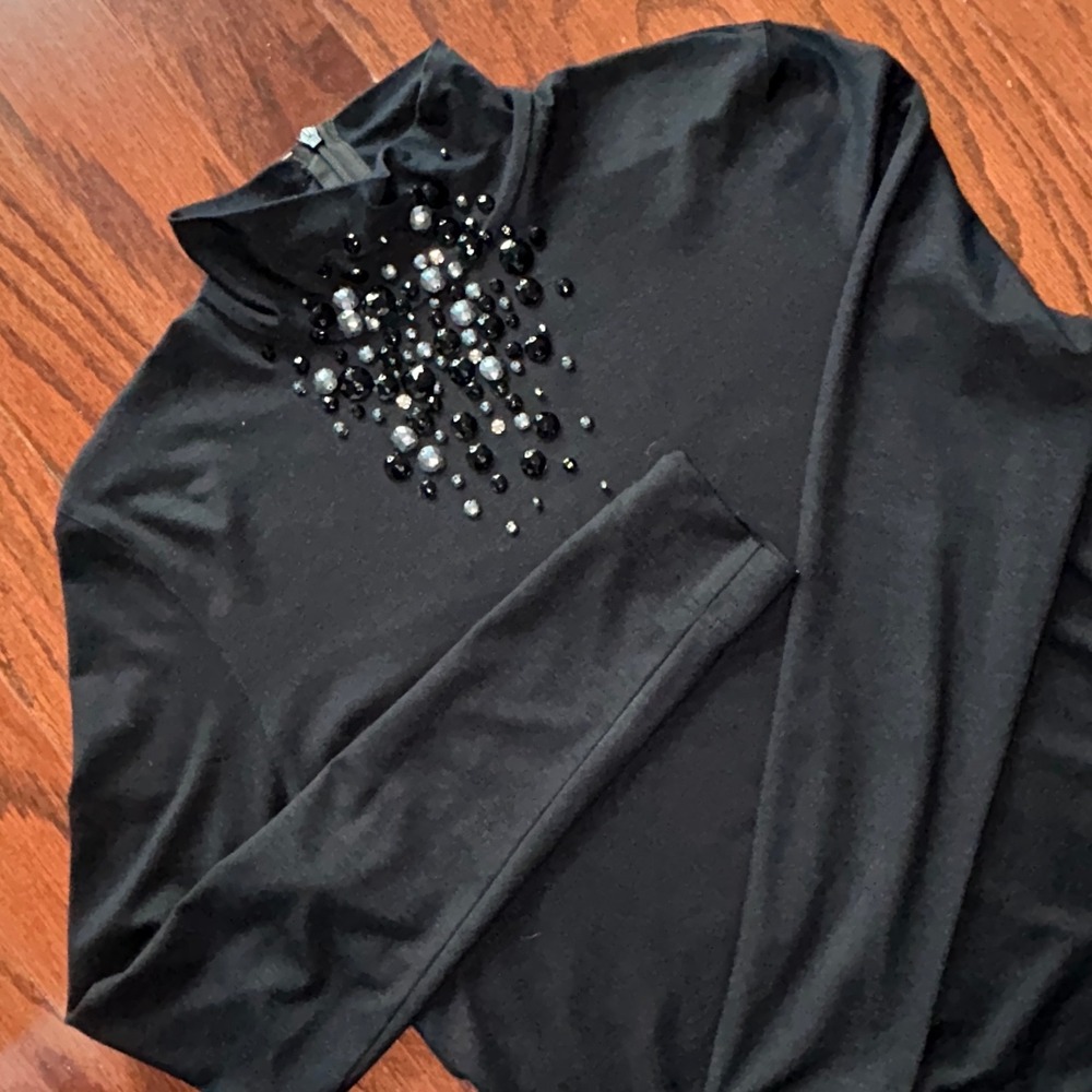 Akris Punto Black Embellished Mock Neck Long Sleeve Top US 10 Gemstone Jersey